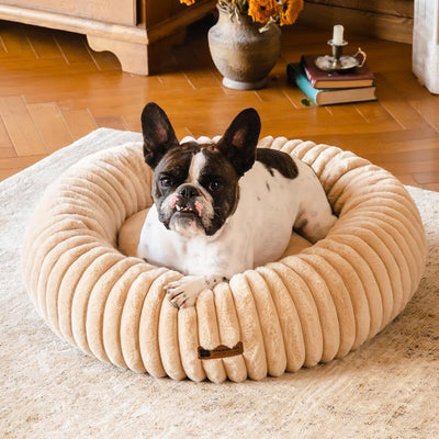 Dog lying on a beige ribbed pet bed in a home setting