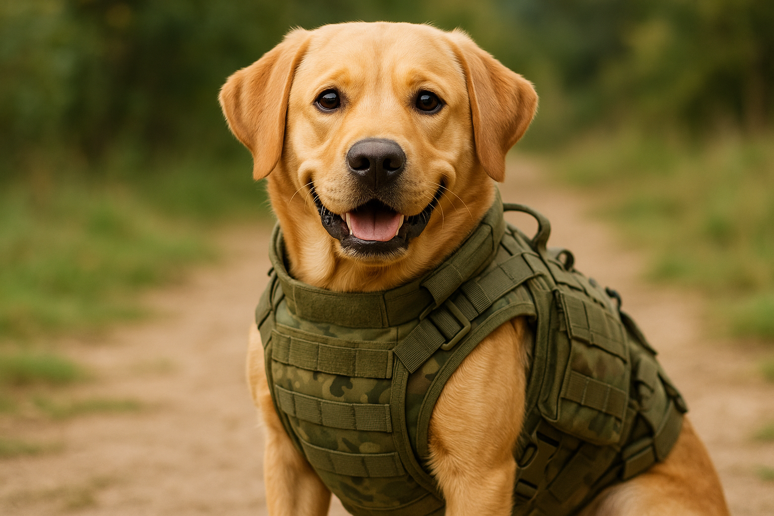 make a picture of a cure dog with a army dog vest